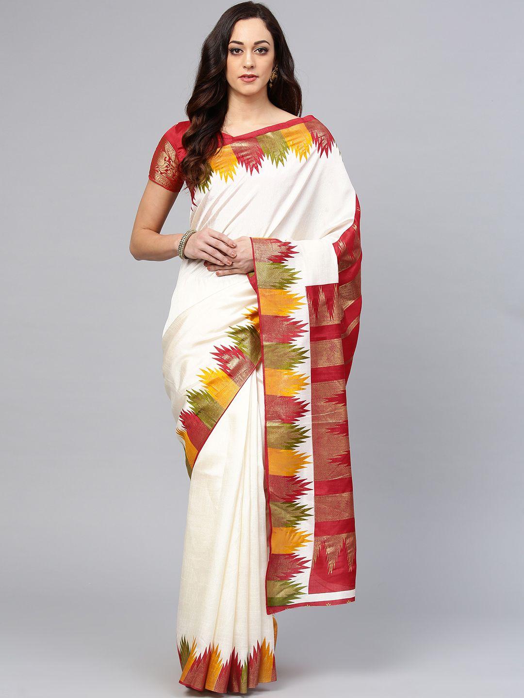 saree mall off-white & red solid banarasi saree