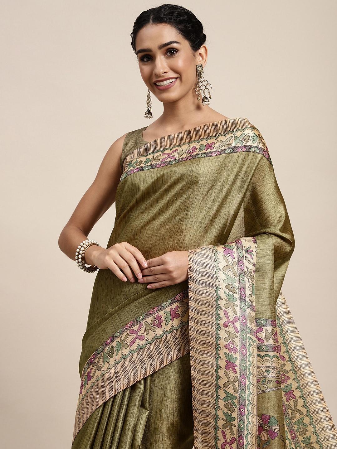saree mall olive green & beige ethnic motifs printed sarees
