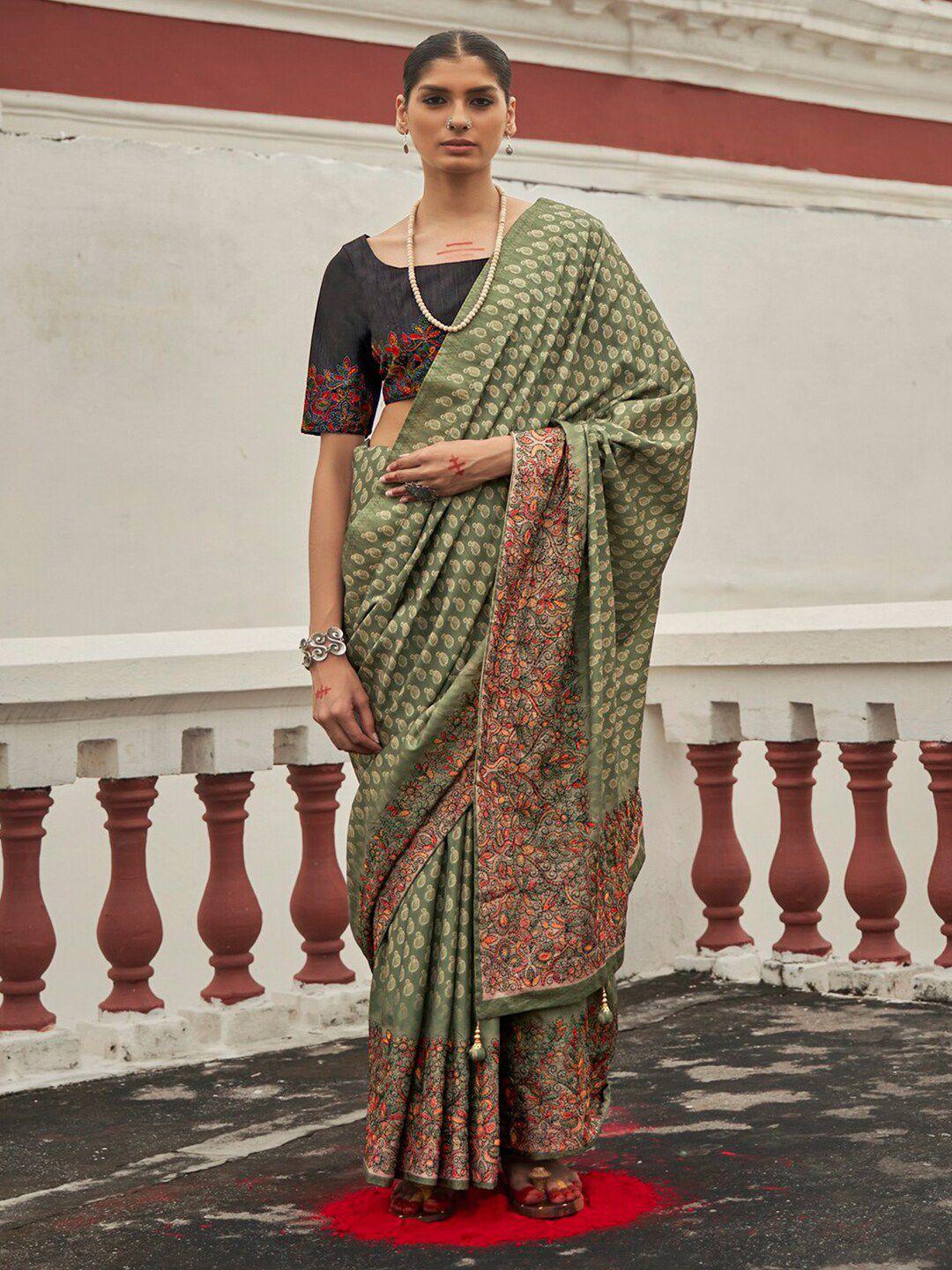 saree mall olive green & red paisley embroidered silk blend sarees