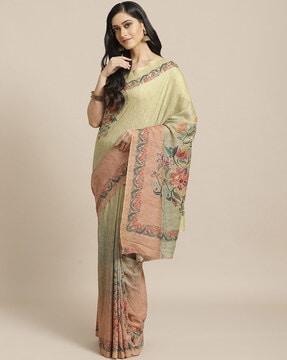 saree mall olive green muslin silk floral embroidered saree