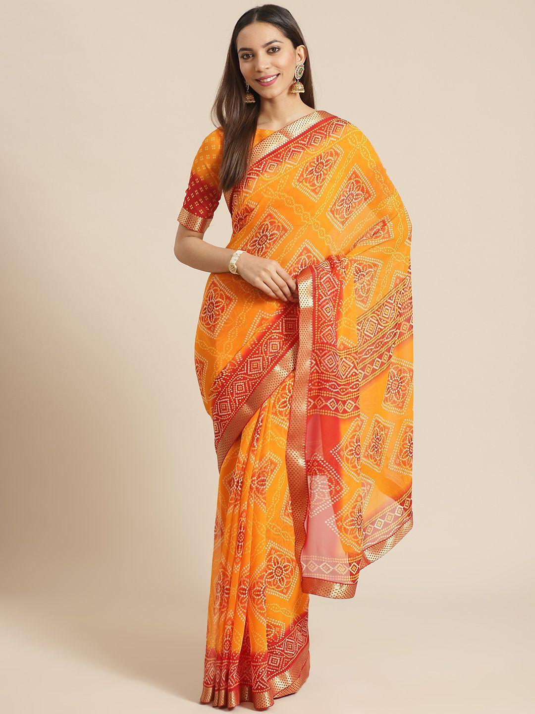 saree mall orange & red printed bandhani saree