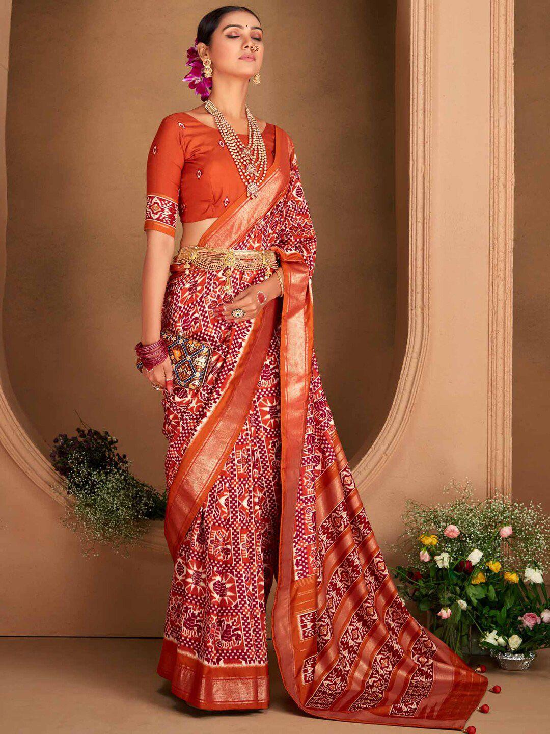 saree mall orange ethnic motifs silk blend designer ikat sarees