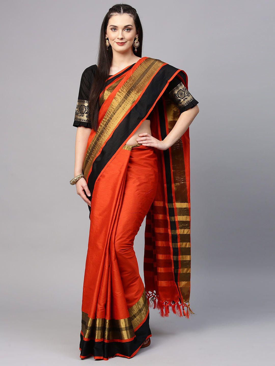 saree mall orange solid silk cotton saree