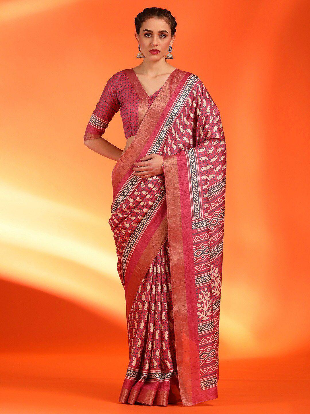 saree mall paisley printed zari silk blend dabu sarees