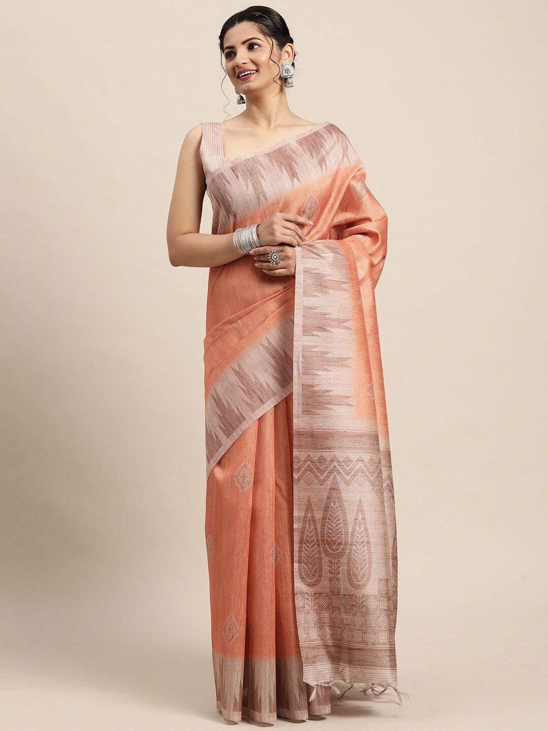 saree mall peach-coloured & brown bagh silk blend bagh sarees