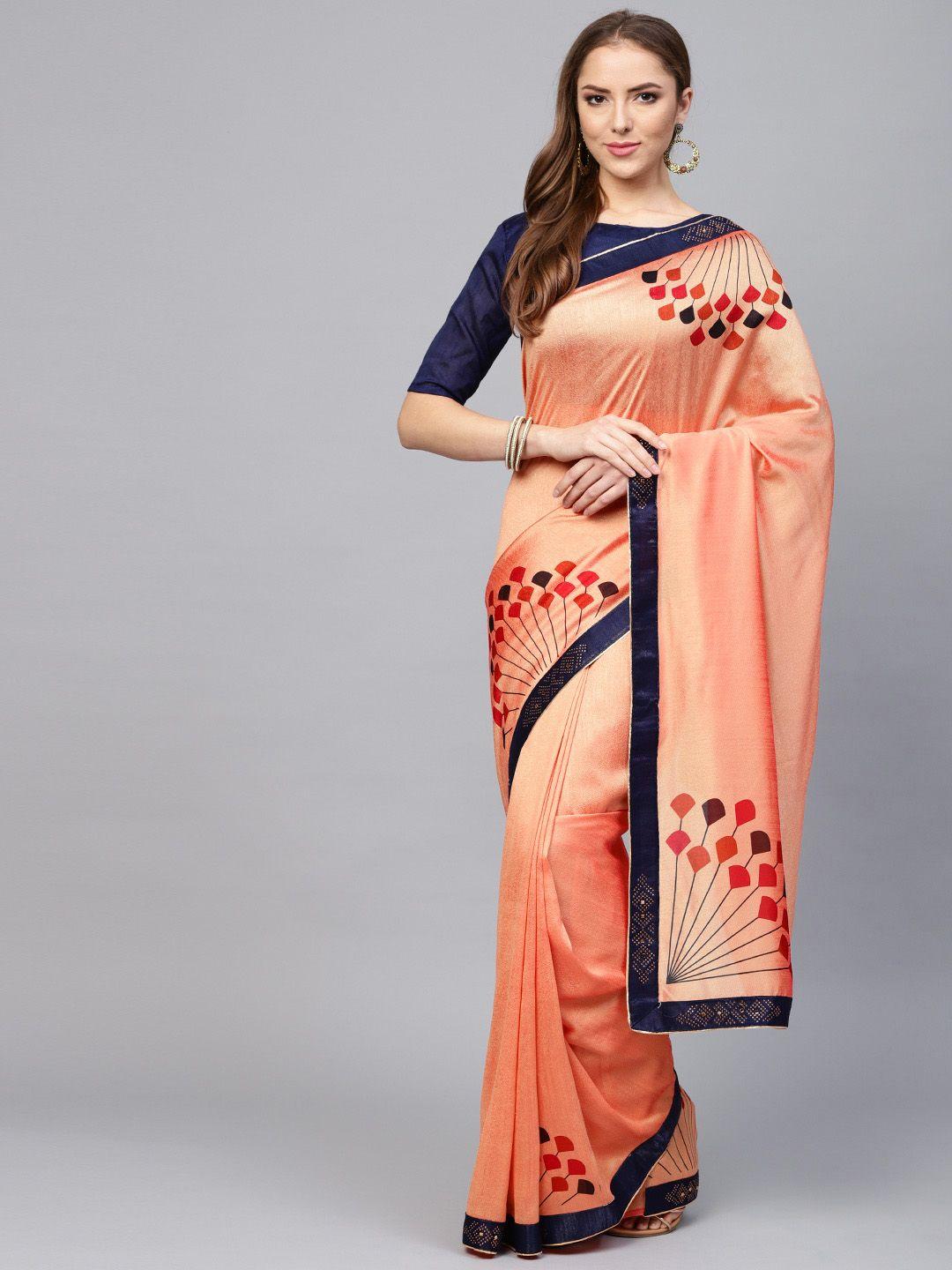 saree mall peach-coloured & navy blue printed banarasi saree