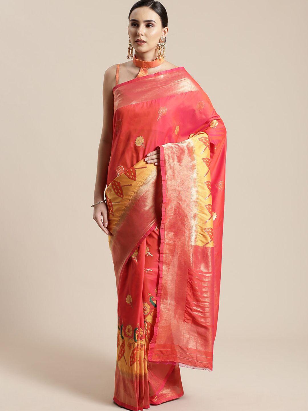 saree mall peach-coloured & yellow floral silk blend sarees