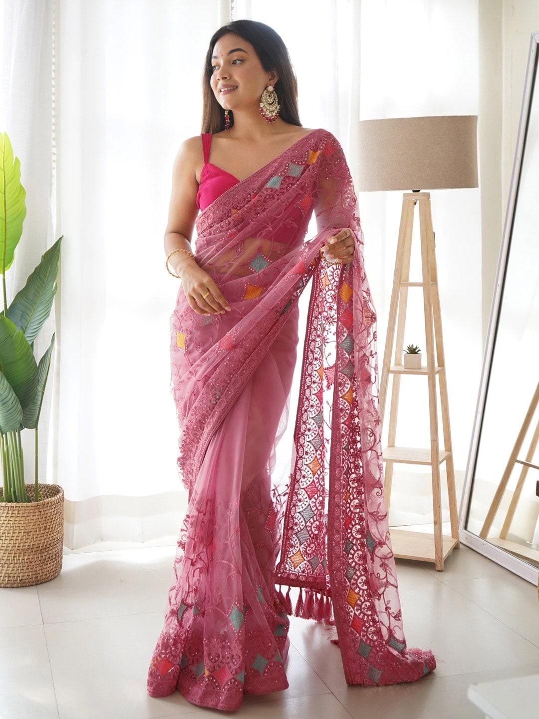 saree mall pink & blue ethnic motifs embroidered net saree