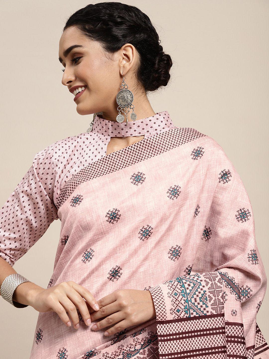 saree mall pink & brown geometric print bhagalpuri sarees