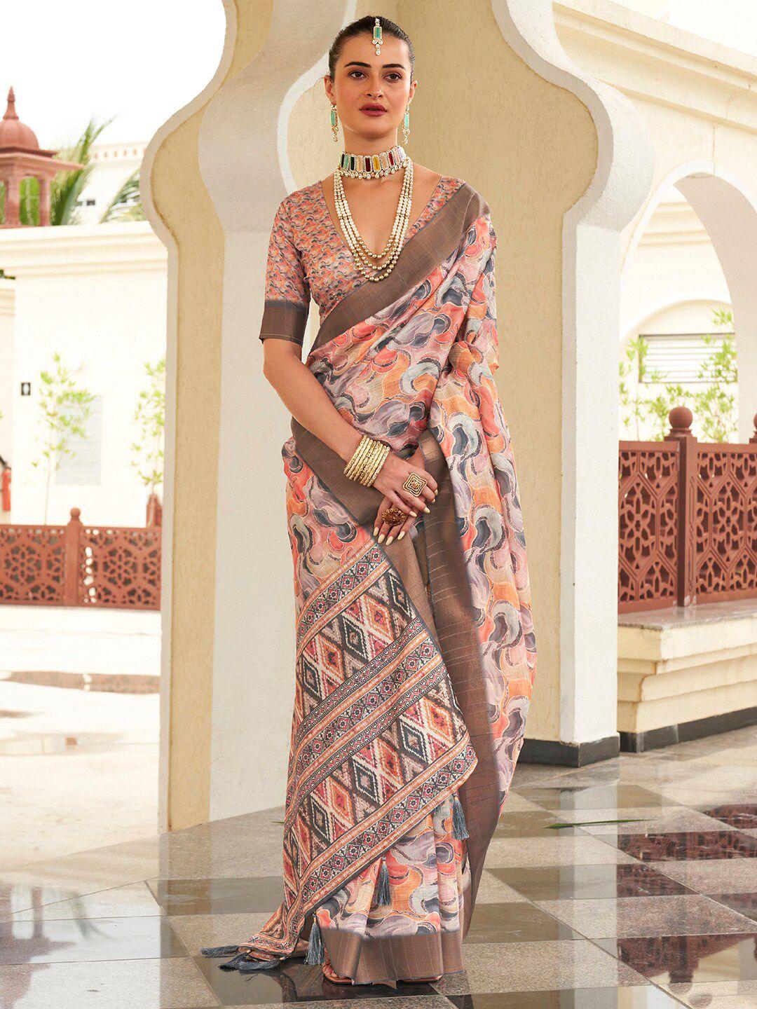 saree mall pink & brown zari silk blend sungudi sarees