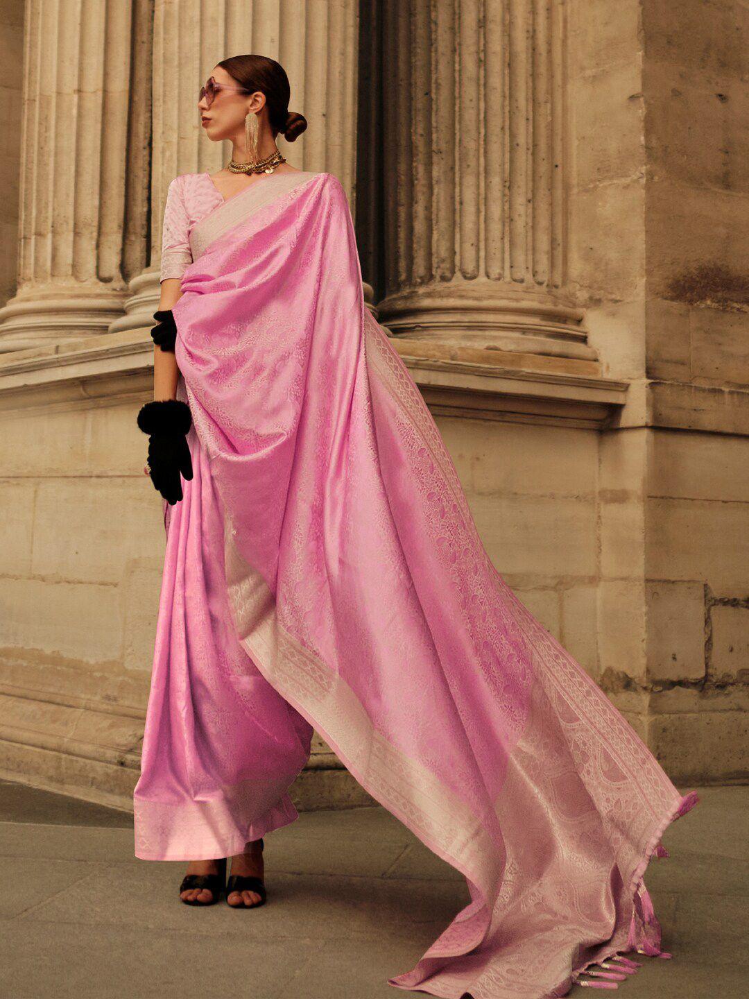 saree mall pink & gold-toned woven design zari satin banarasi sarees