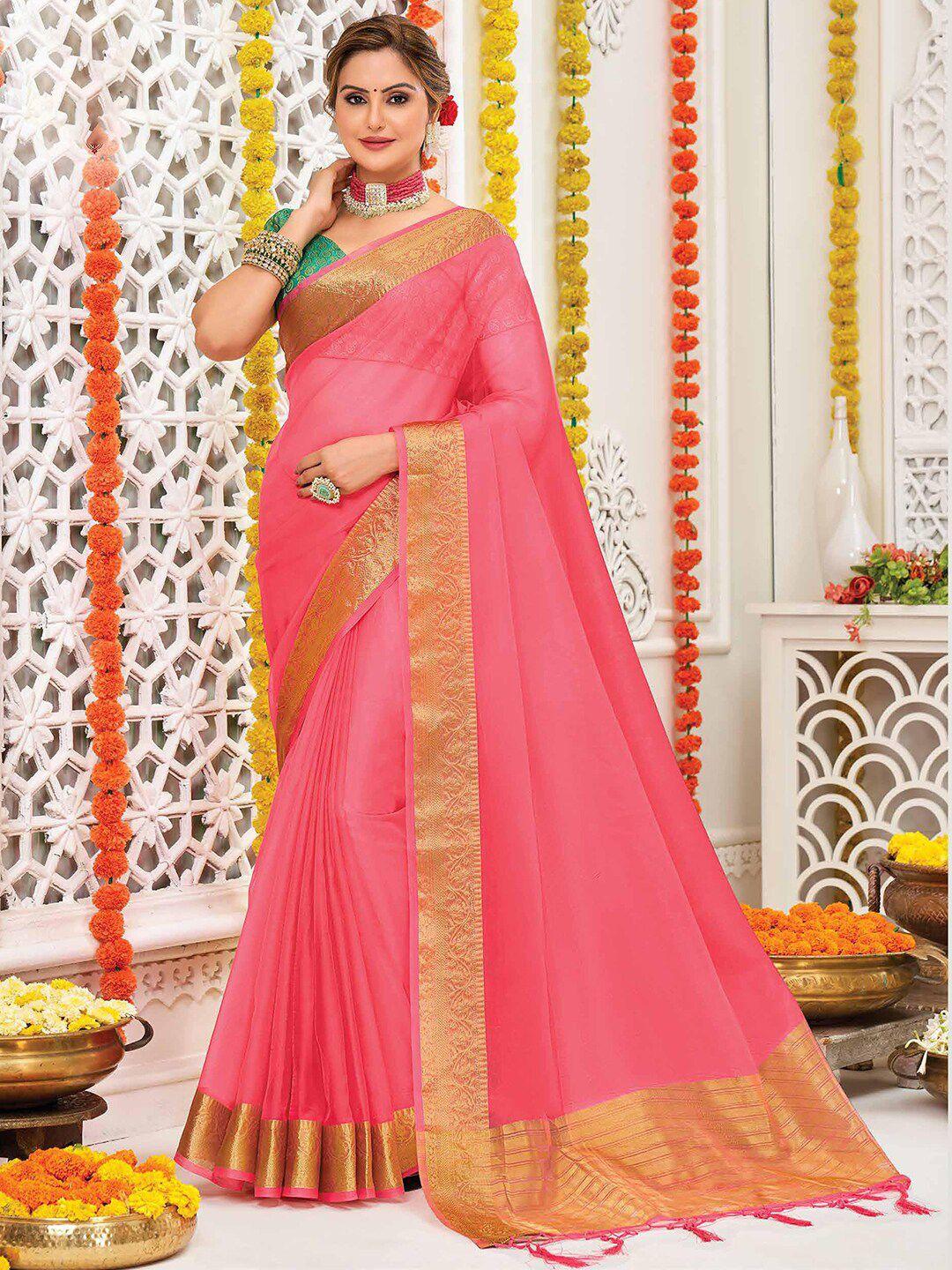saree mall pink & gold-toned zari organza banarasi sarees