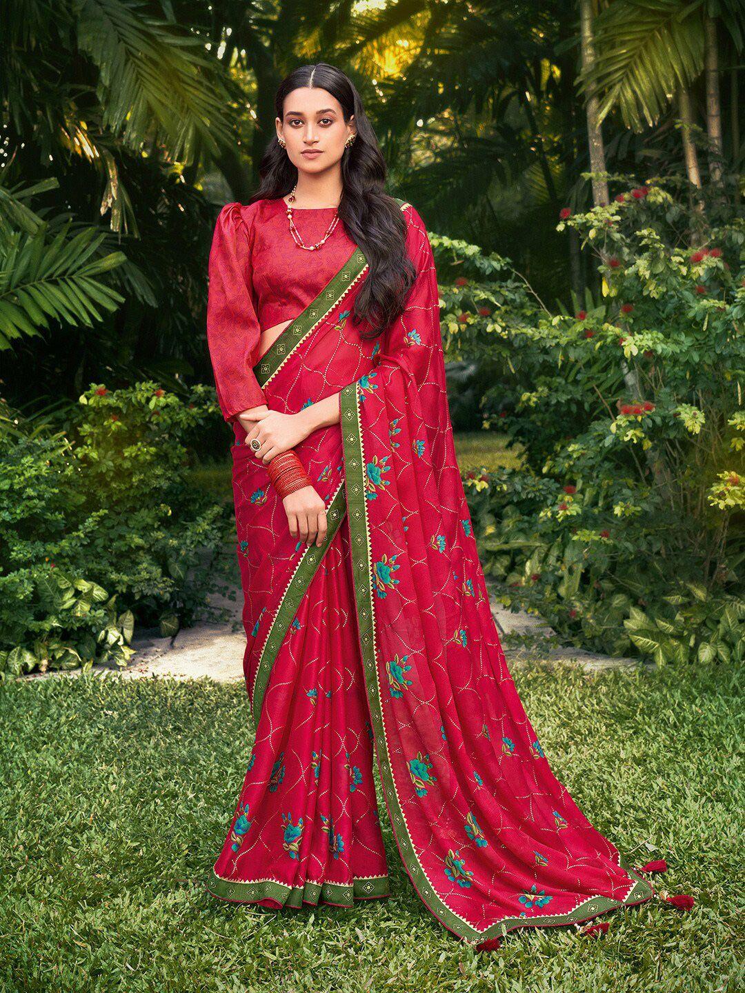 saree mall pink & green floral embroidered pure chiffon sarees
