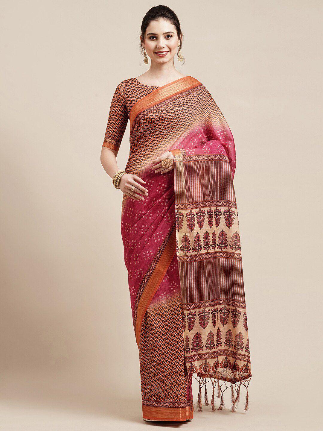 saree mall pink & orange bandhani zari linen blend bandhani sarees