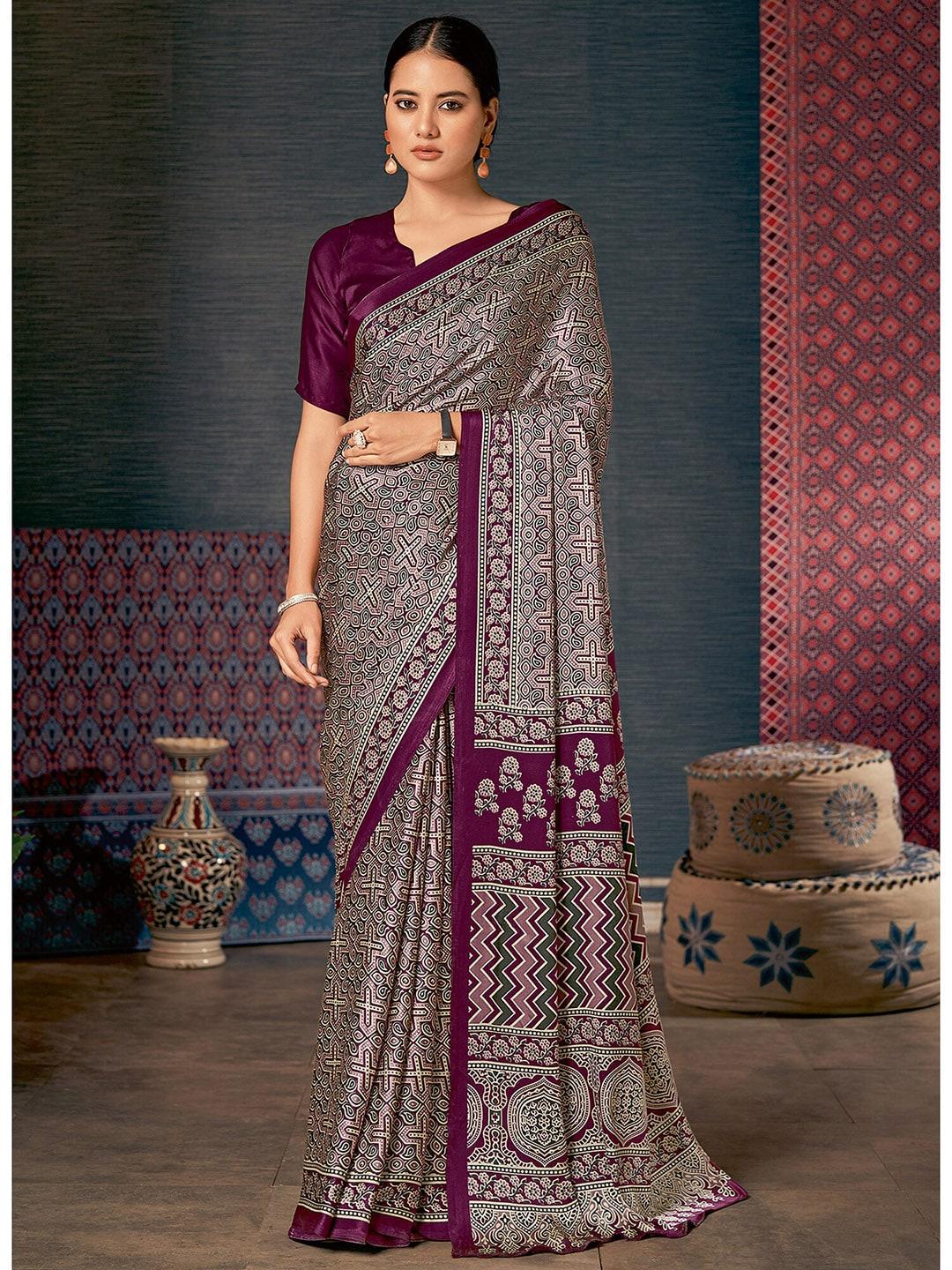 saree mall purple & white ajrak block print pure crepe sarees