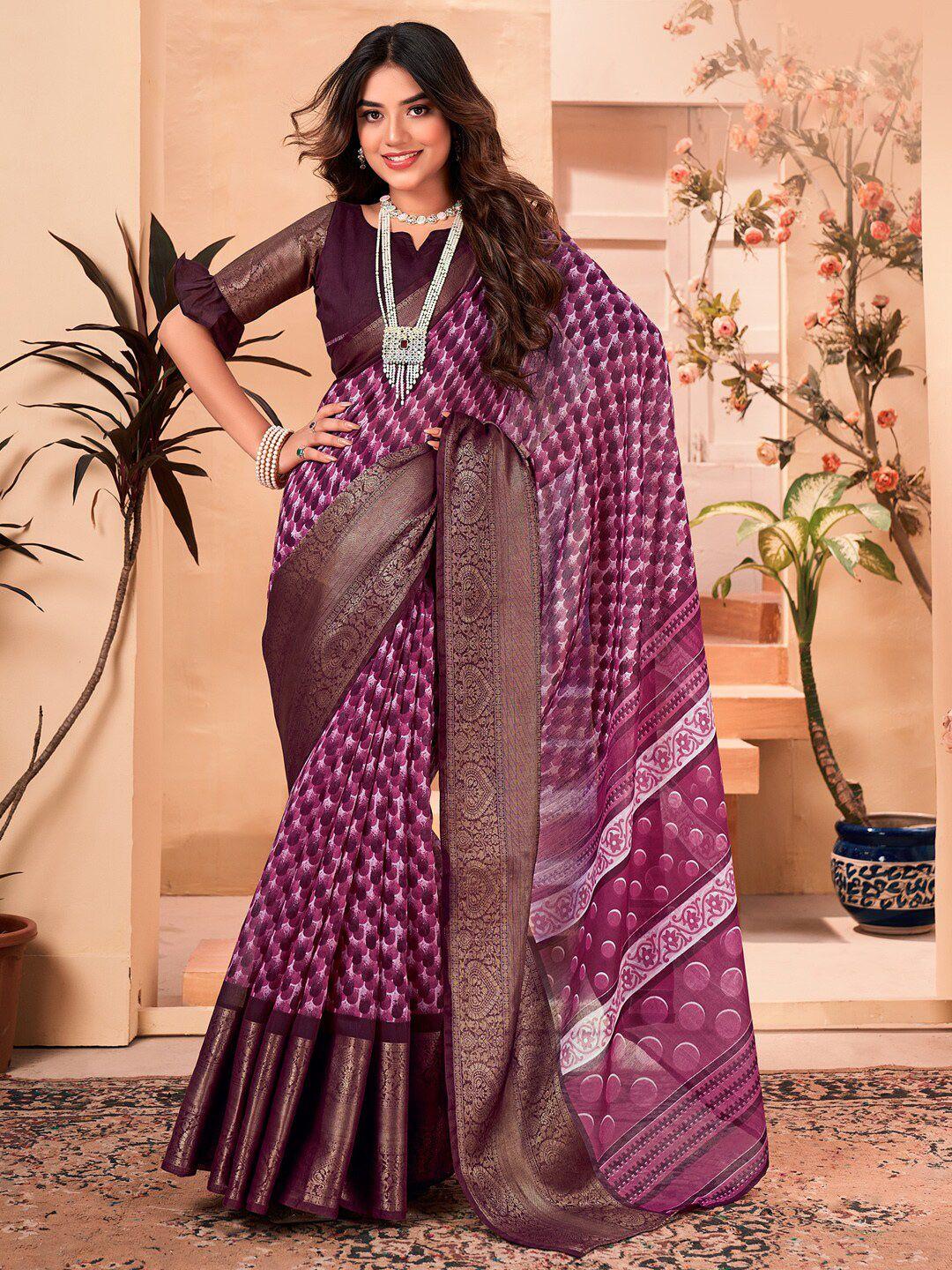 saree mall purple & white geometric printed zari sungudi sarees
