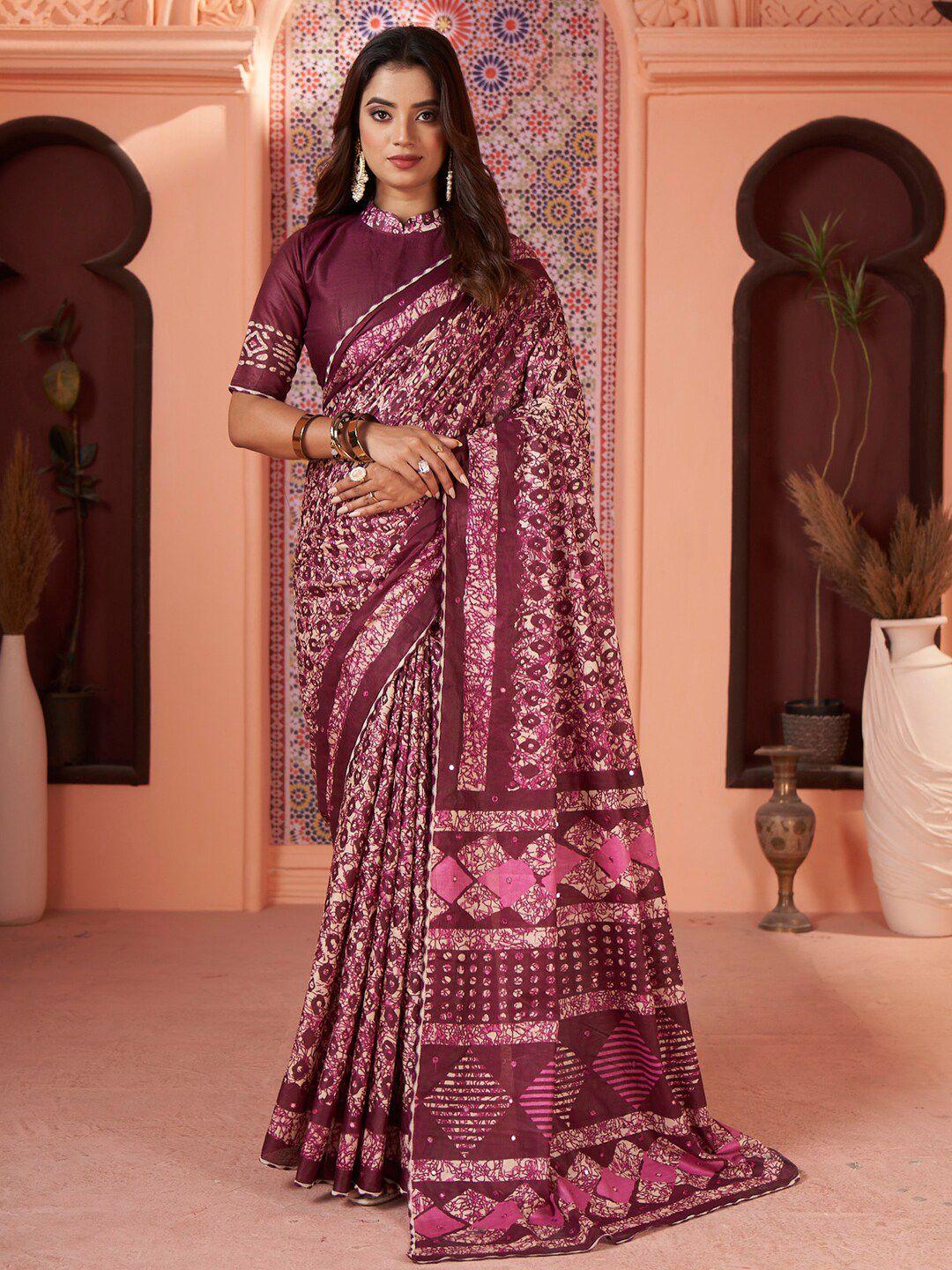 saree mall purple mirror work pure cotton designer block print sarees