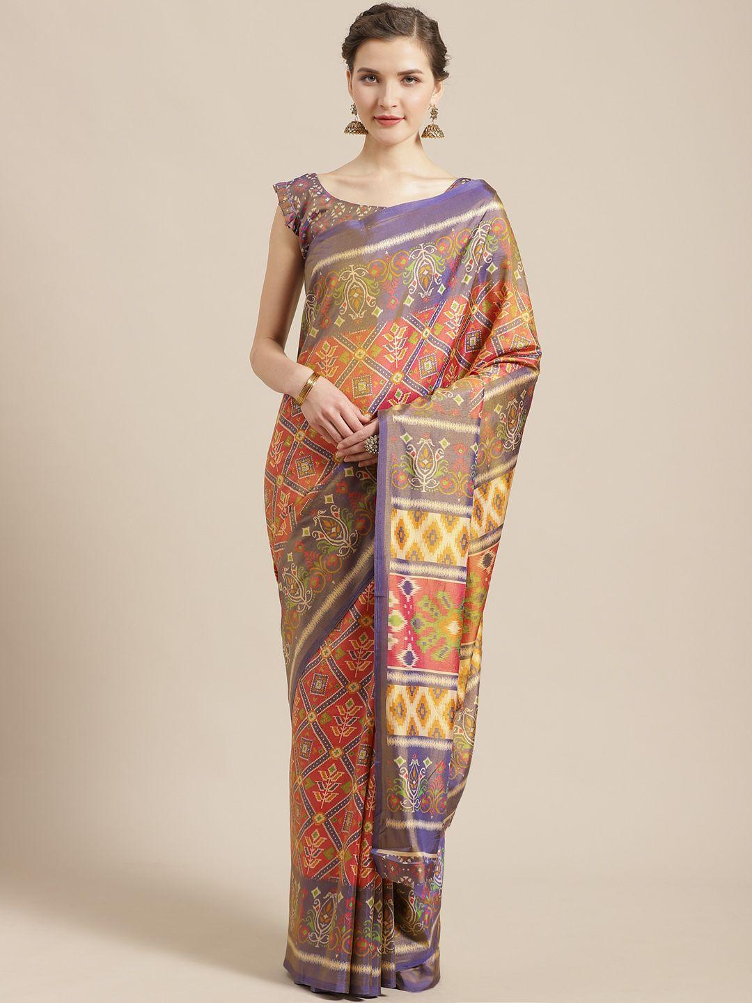 saree mall red & blue ethnic printed ikat saree