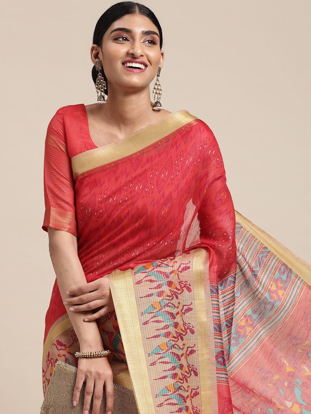 saree mall red & gold-toned ikat zari linen blend taant sarees