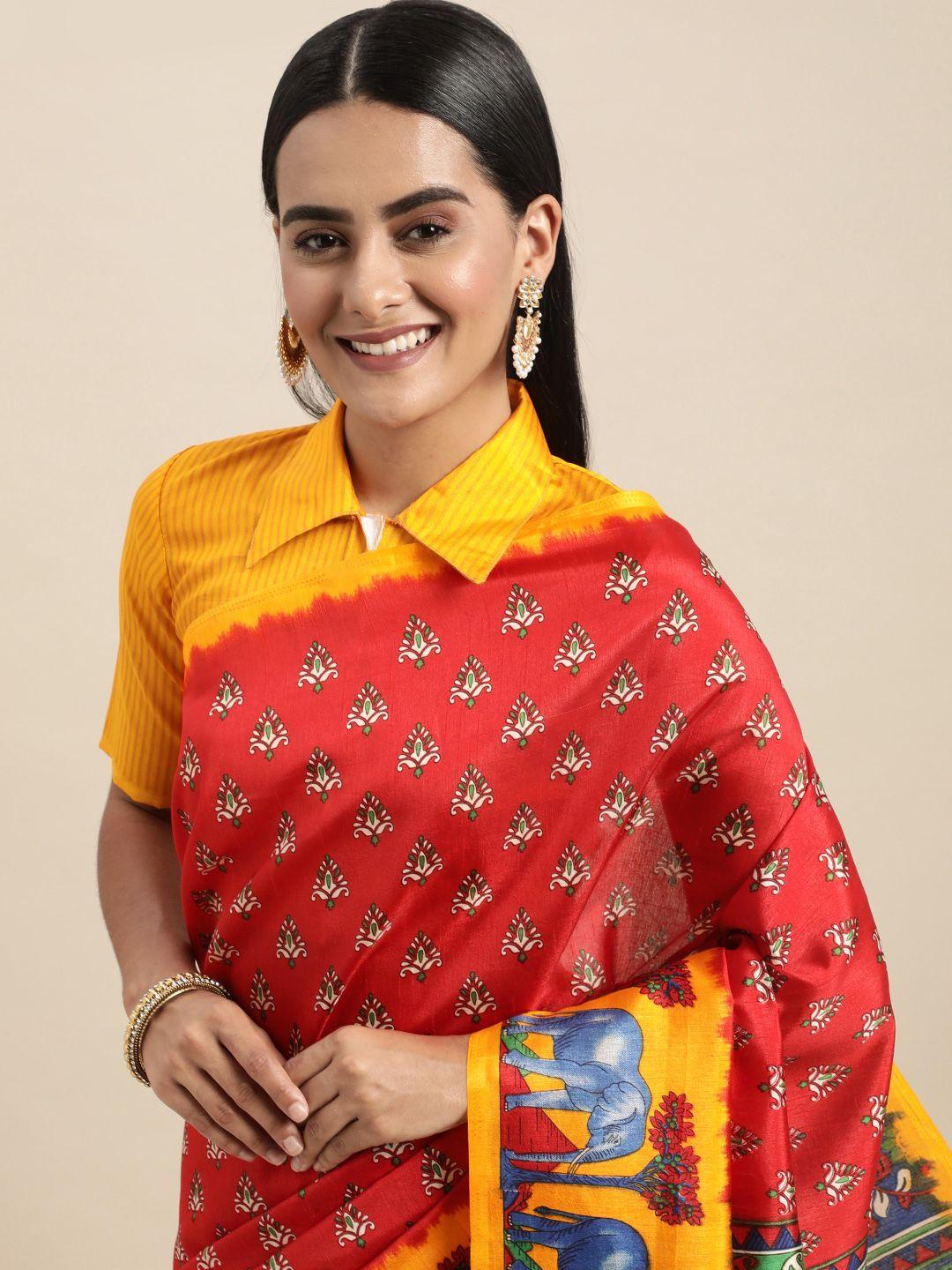 saree mall red & yellow ethnic motifs printed sarees
