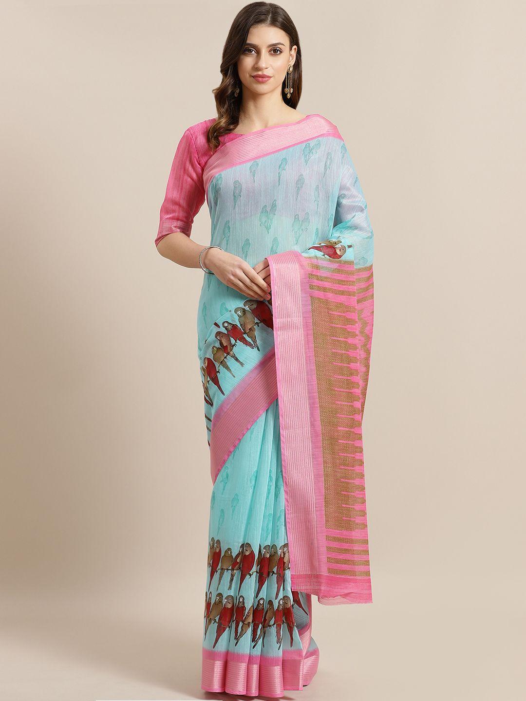 saree mall sea green & pink ,printed saree