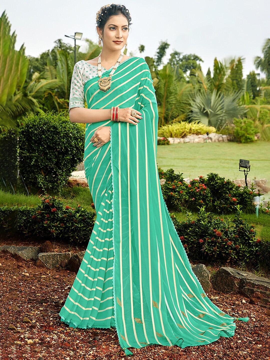 saree mall sea green & white striped pure georgette leheriya sarees