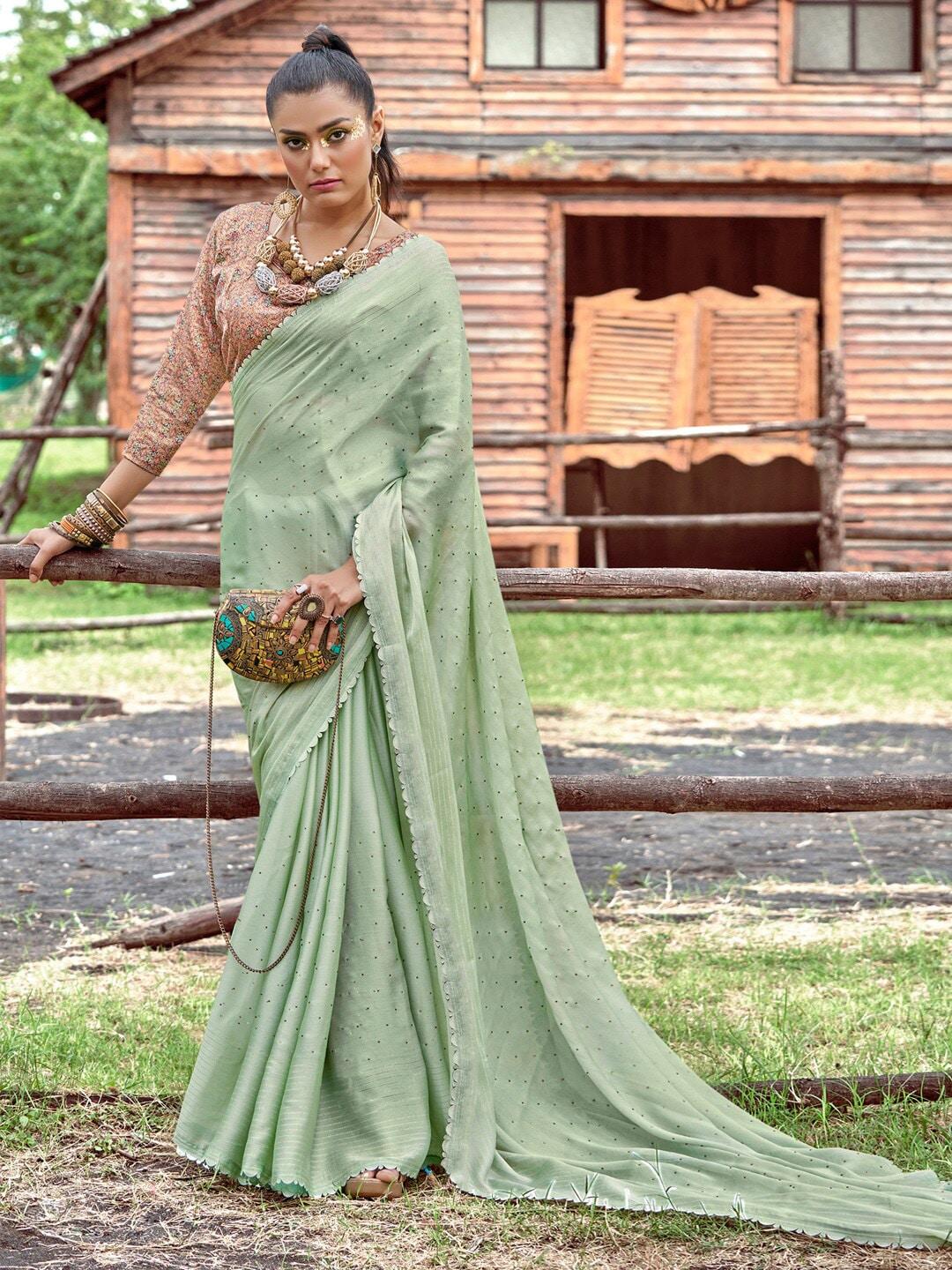 saree mall sea green embellished pure chiffon sarees