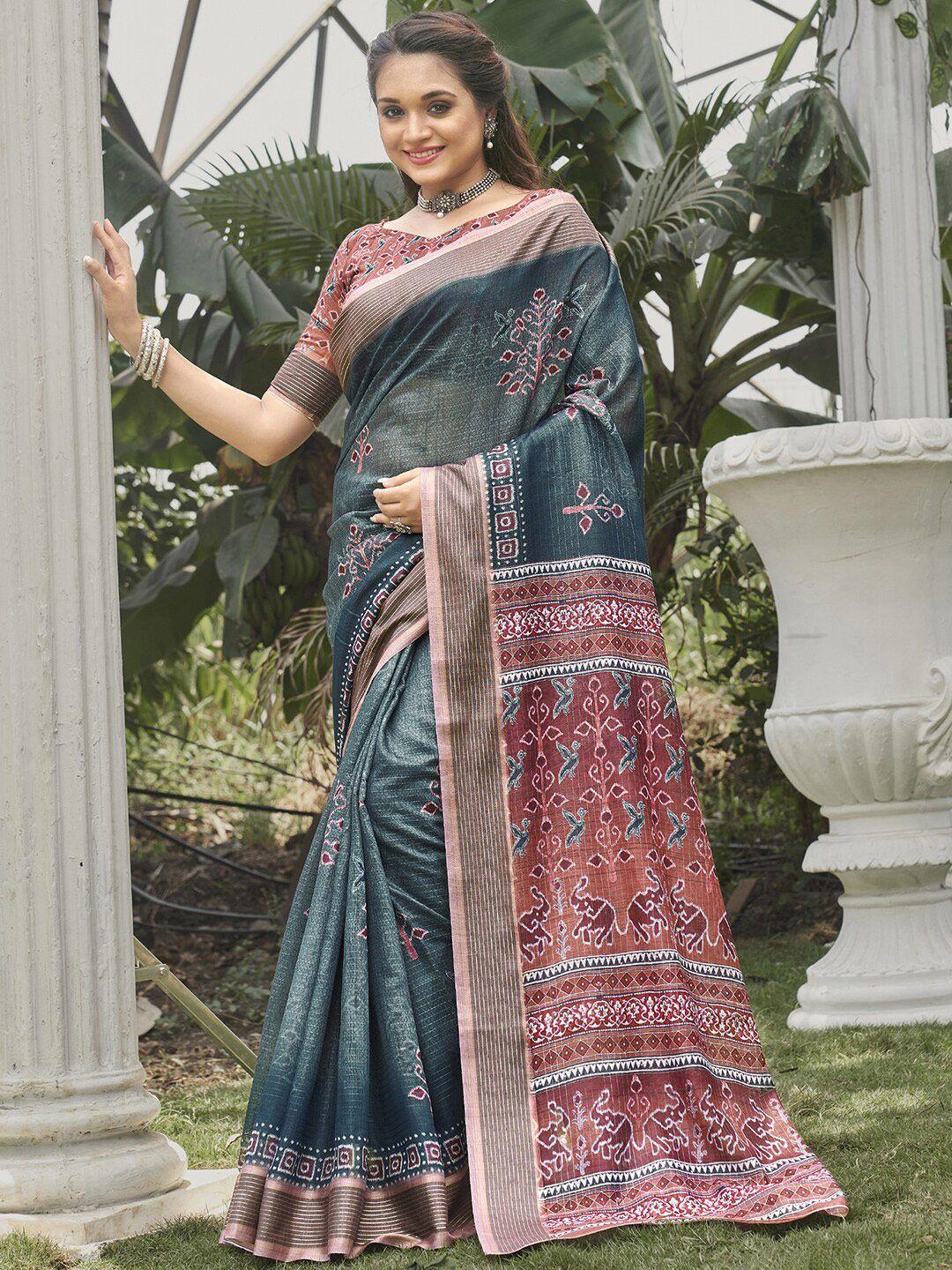 saree mall teal & silver-toned ethnic motifs silk blend bagru sarees