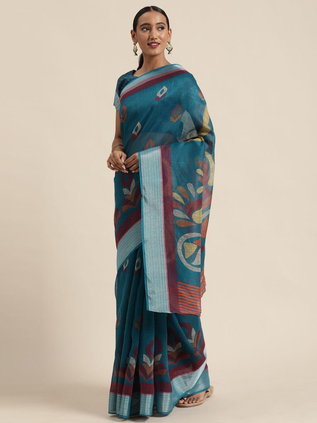 saree mall teal blue cotton blend printed bandhani saree