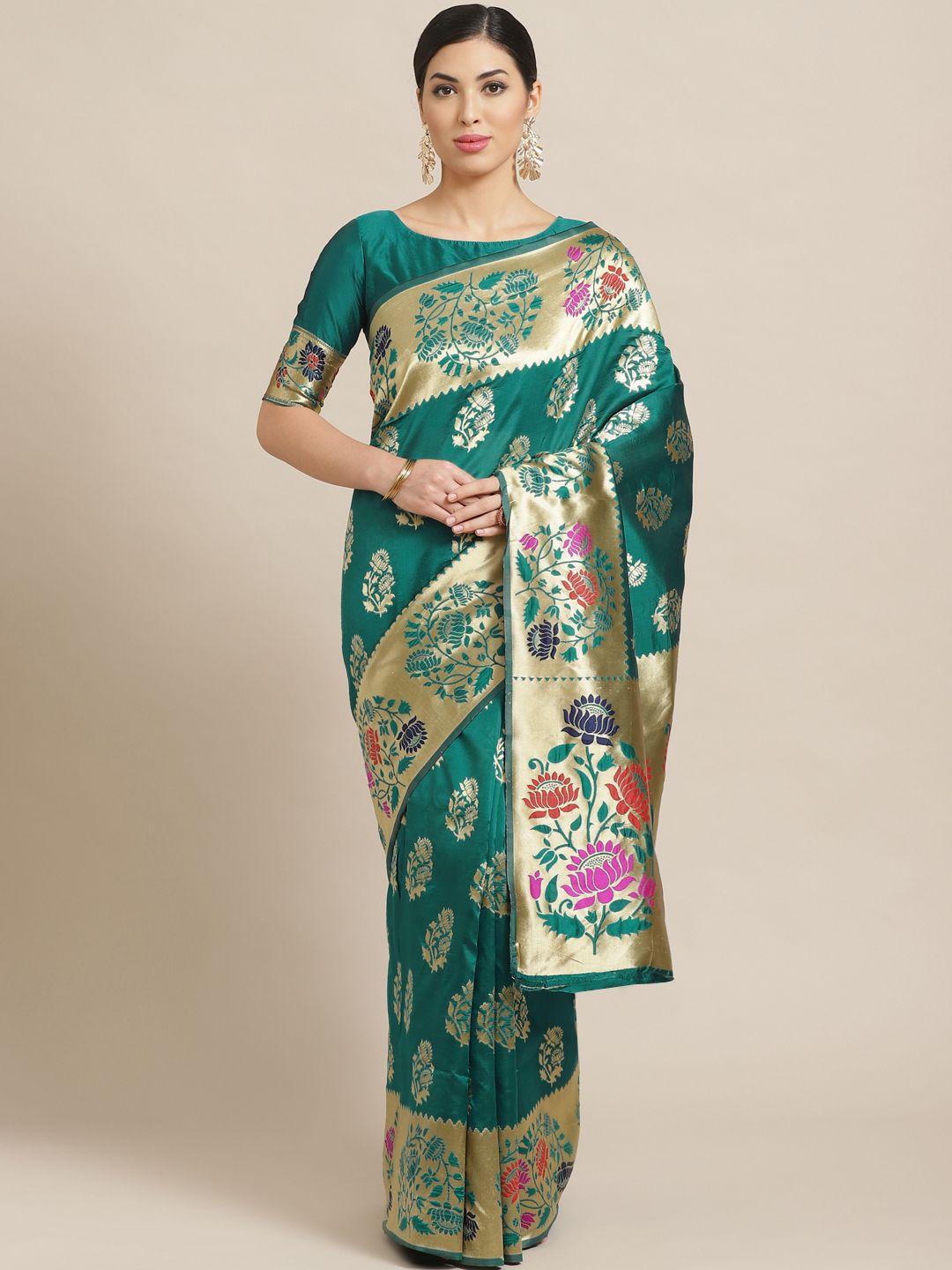 saree mall teal green & golden woven design banarasi saree