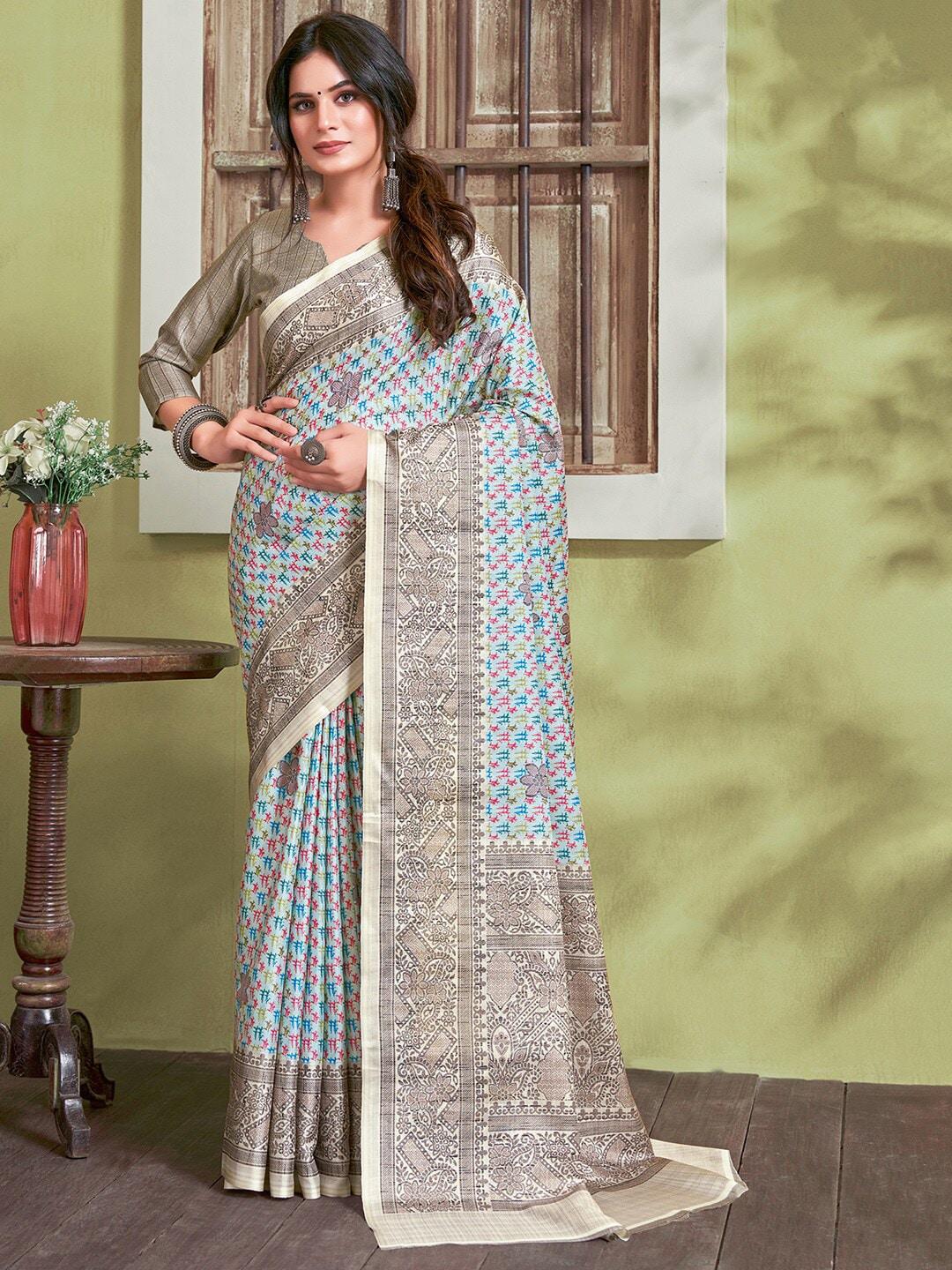 saree mall turquoise blue & pink abstact printed silk cotton bagru sarees