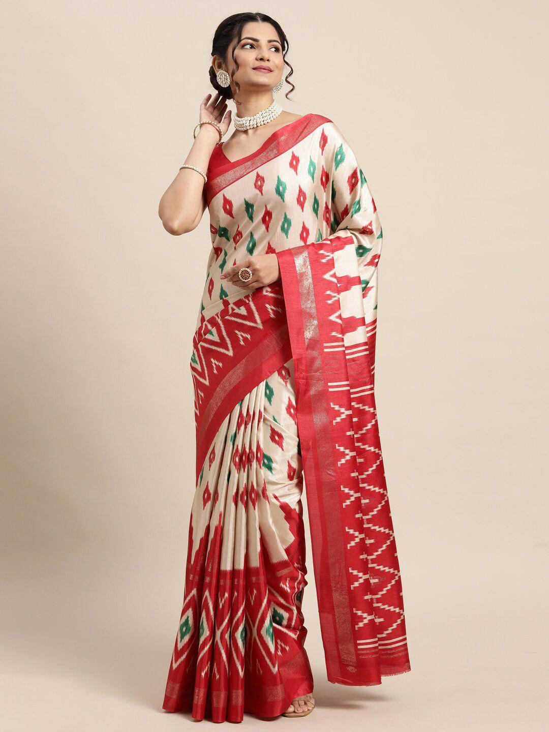 saree mall white & red silk blend bagru sarees