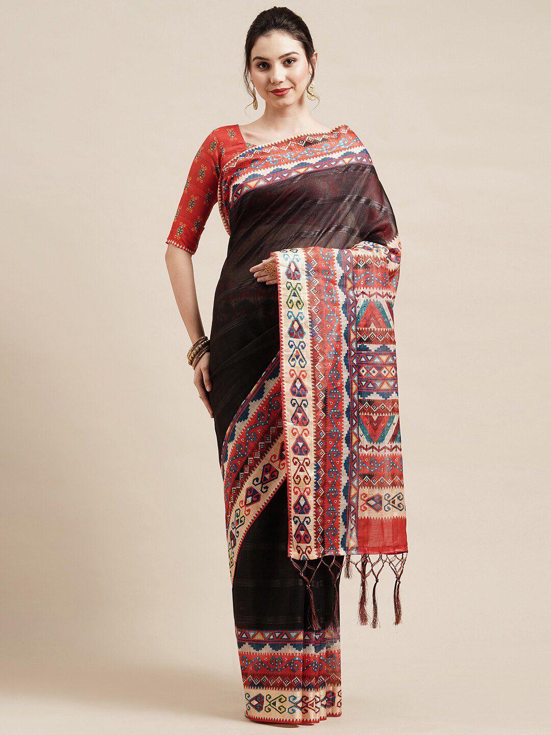 saree mall women black ethnic motifs printed linen blend saree
