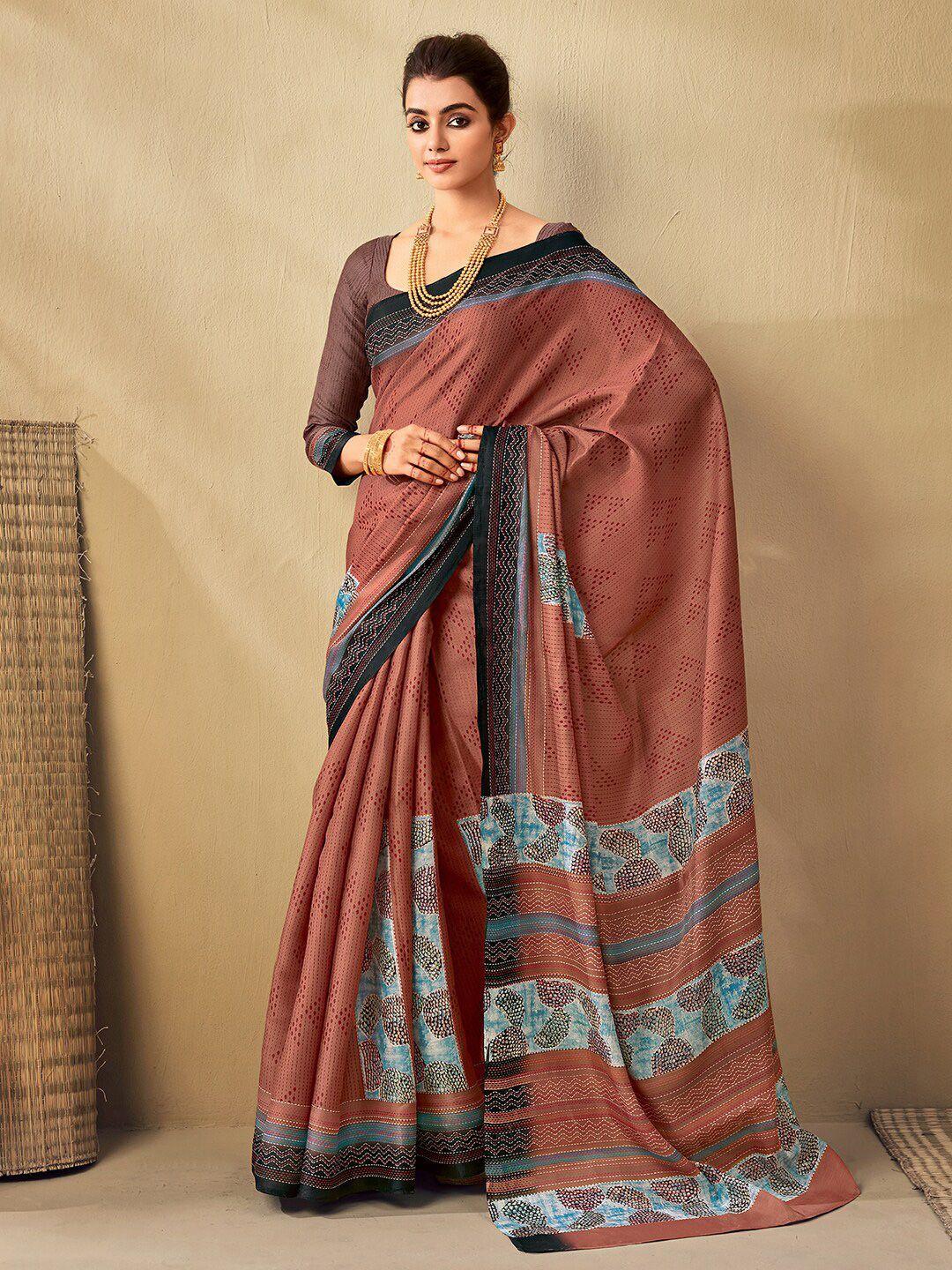 saree mall women brown & blue printed sarees