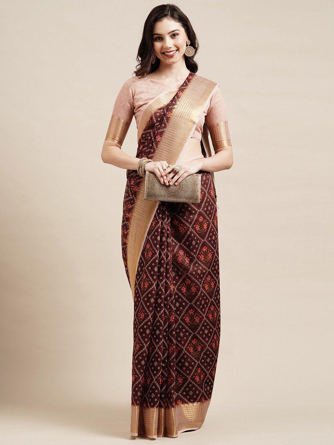 saree mall women brown floral printed linen blend saree