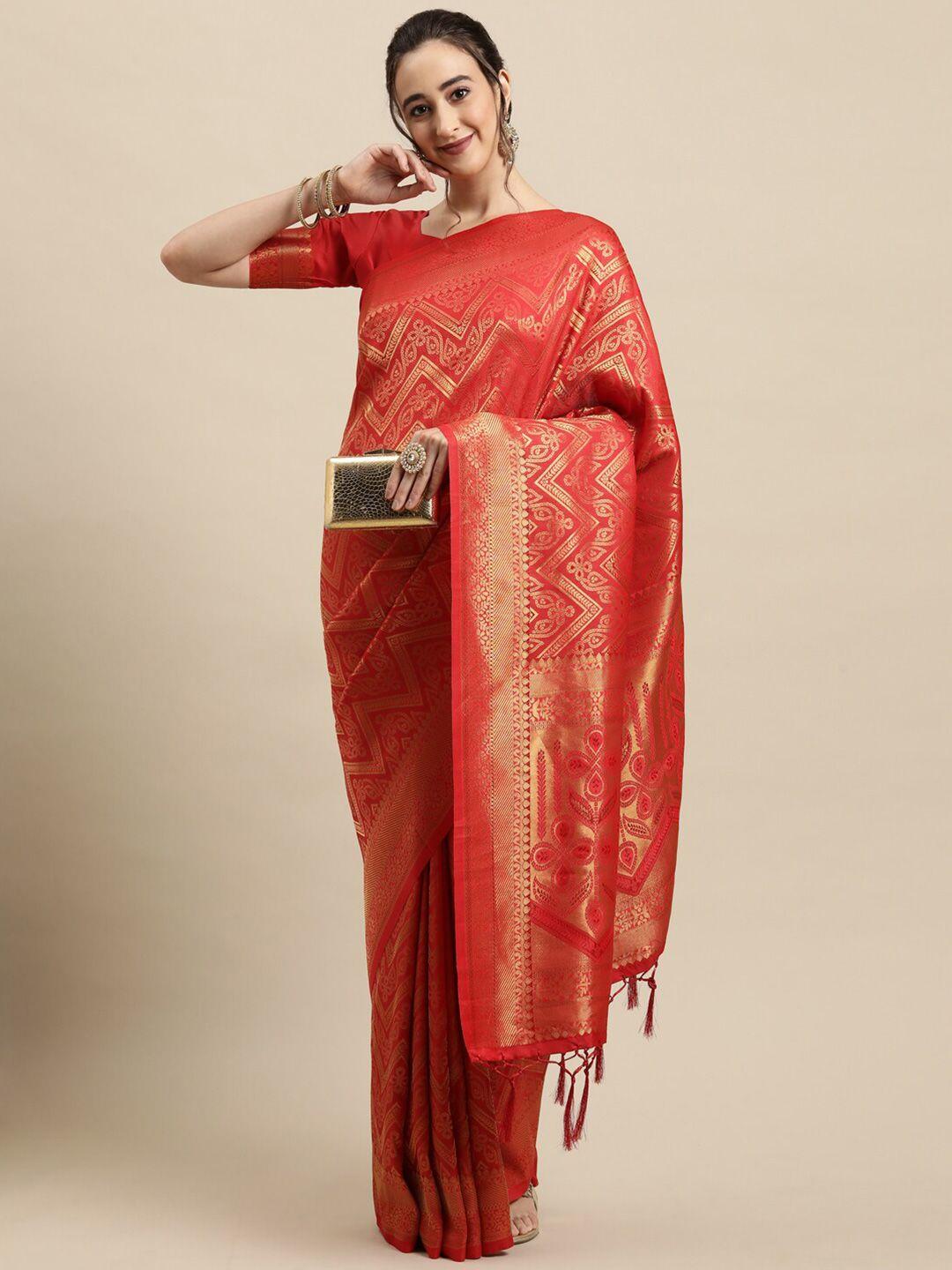 saree mall women red woven design banarasi saree