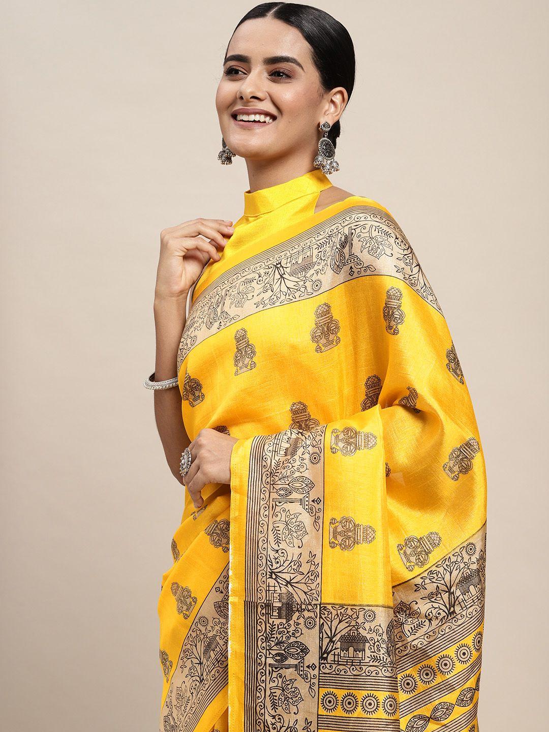 saree mall yellow & beige geometric print silk blend saree