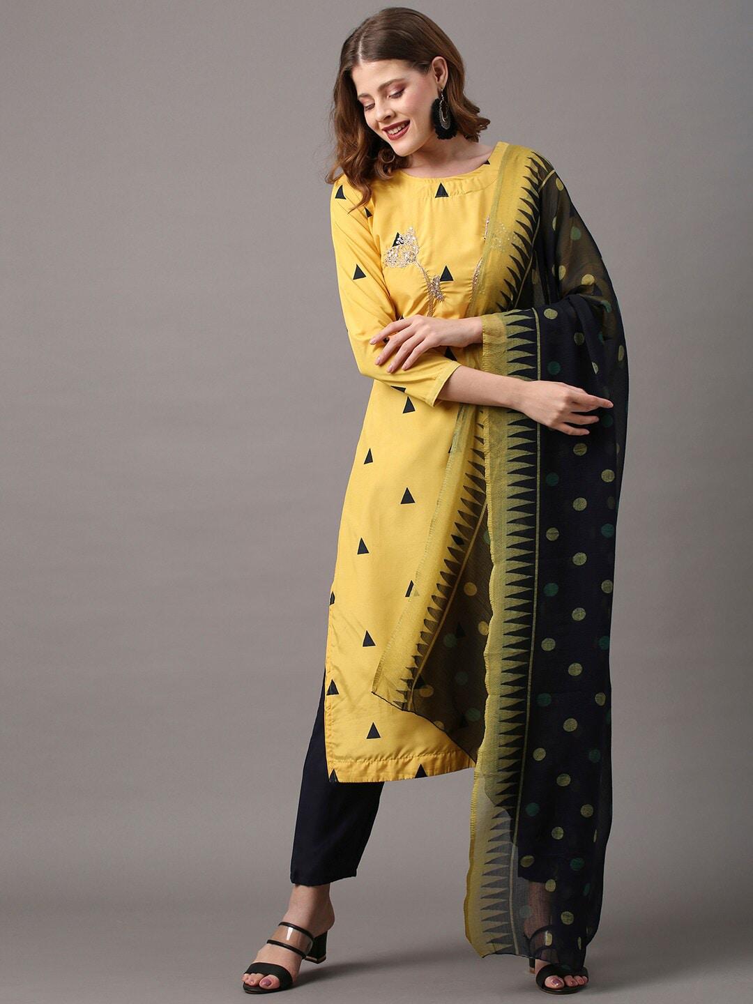 saree mall yellow & black embroidered unstitched dress material