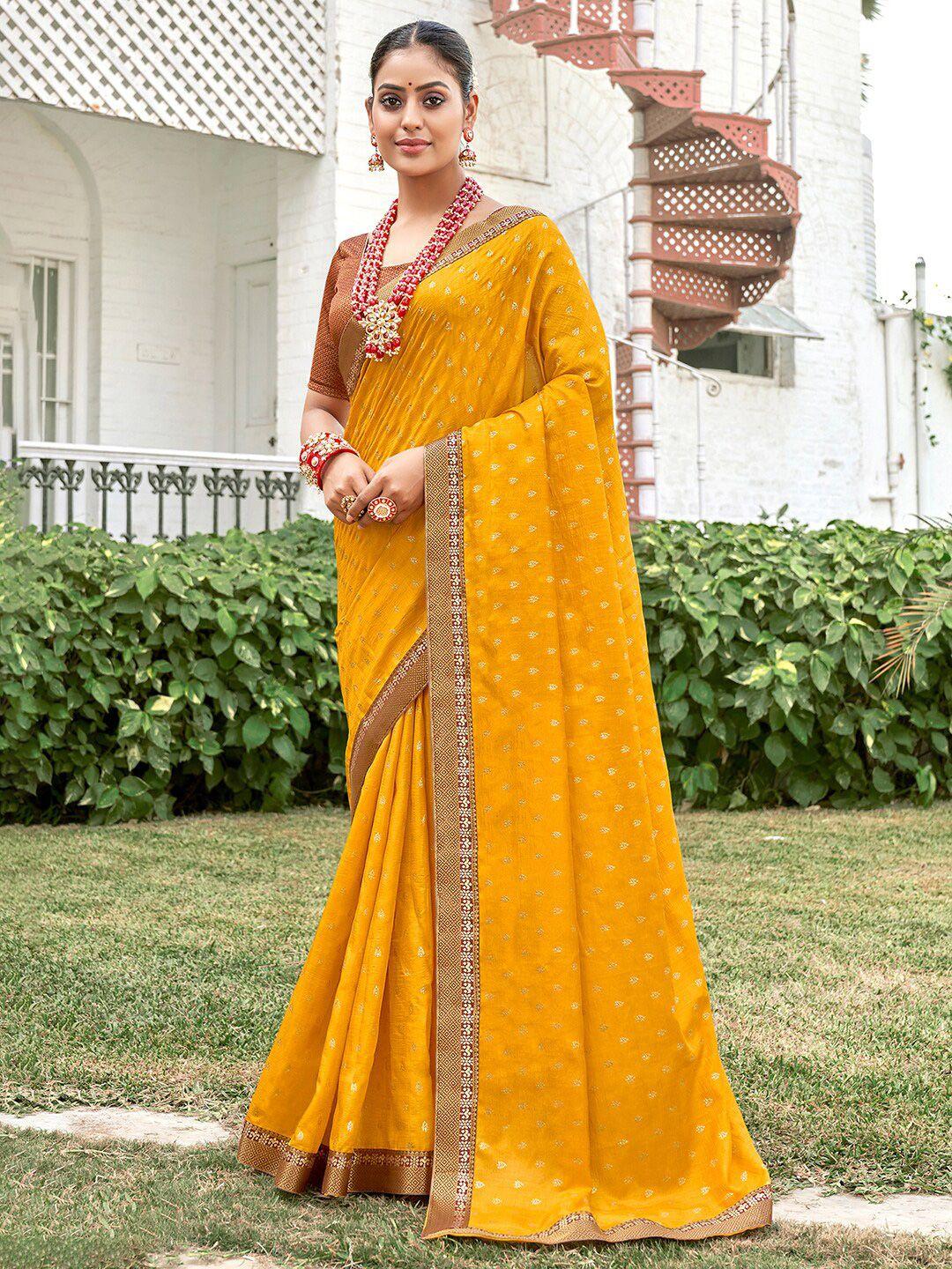 saree mall yellow & gold-toned ethnic motifs printed zari silk blend sarees