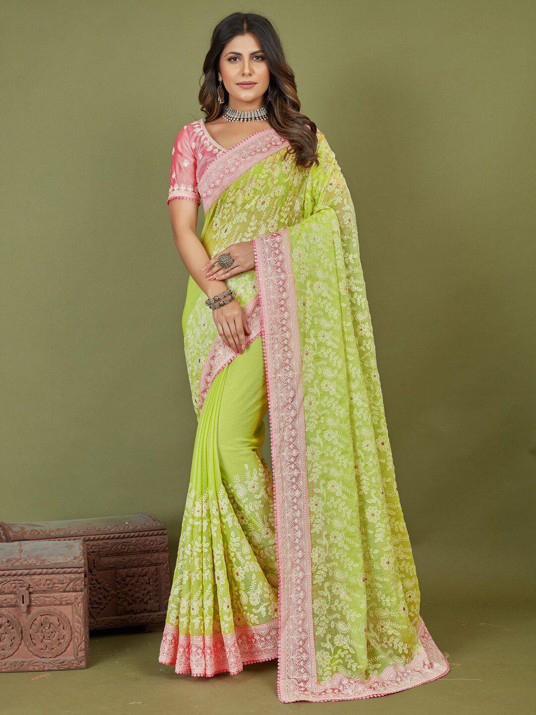 saree mall yellow & pink floral embroidered pure chiffon sarees