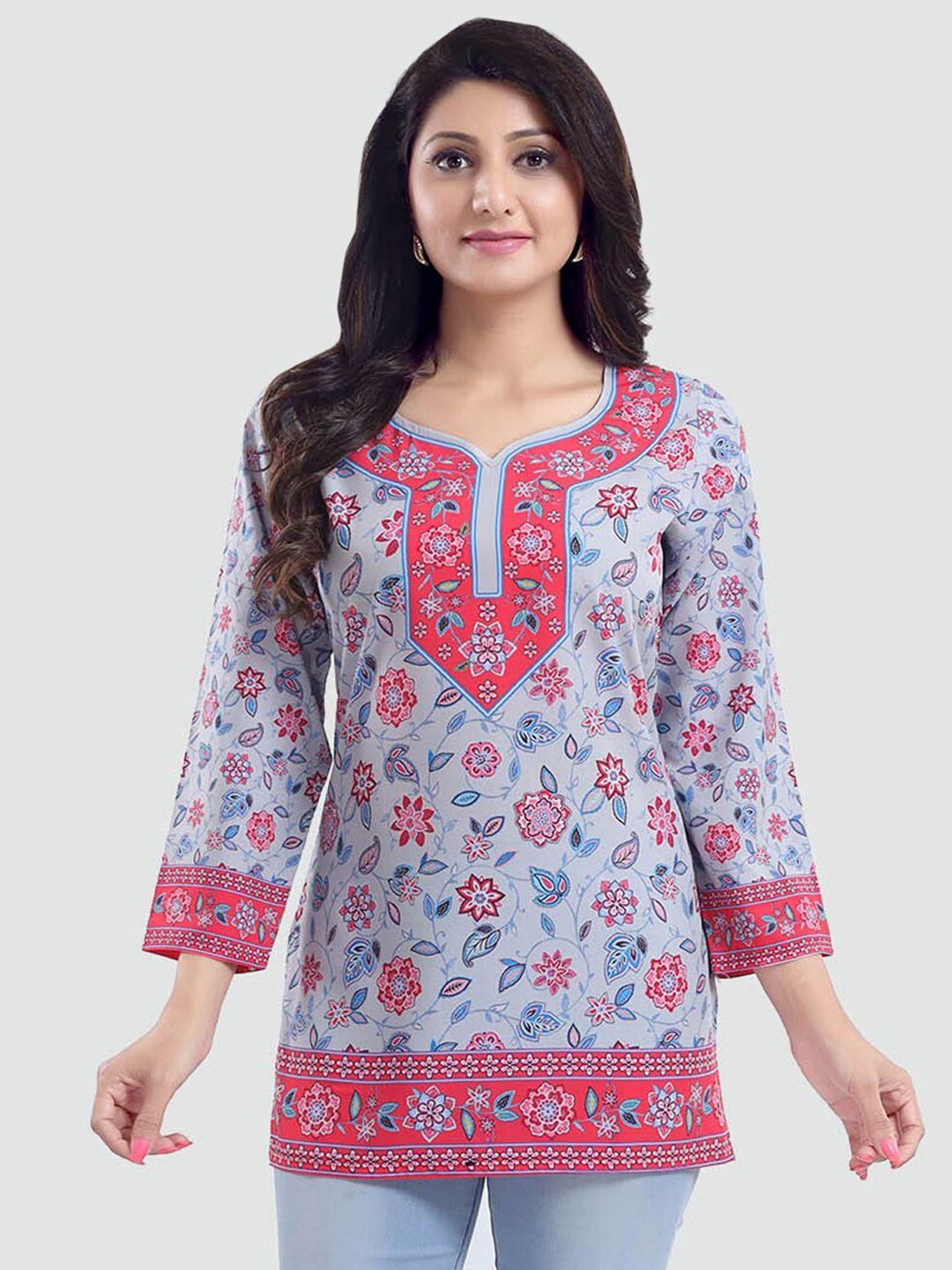 saree swarg grey & pink ethnic motifs printed v-neck kurti
