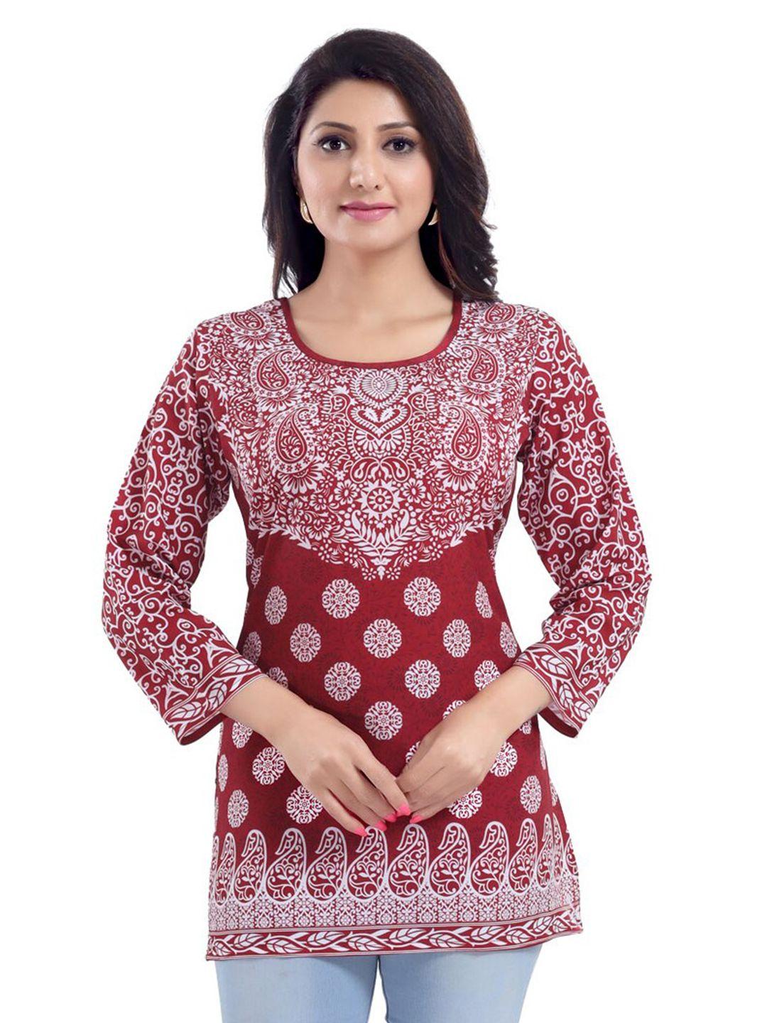 saree swarg maroon print faux crepe short kurti tunic top