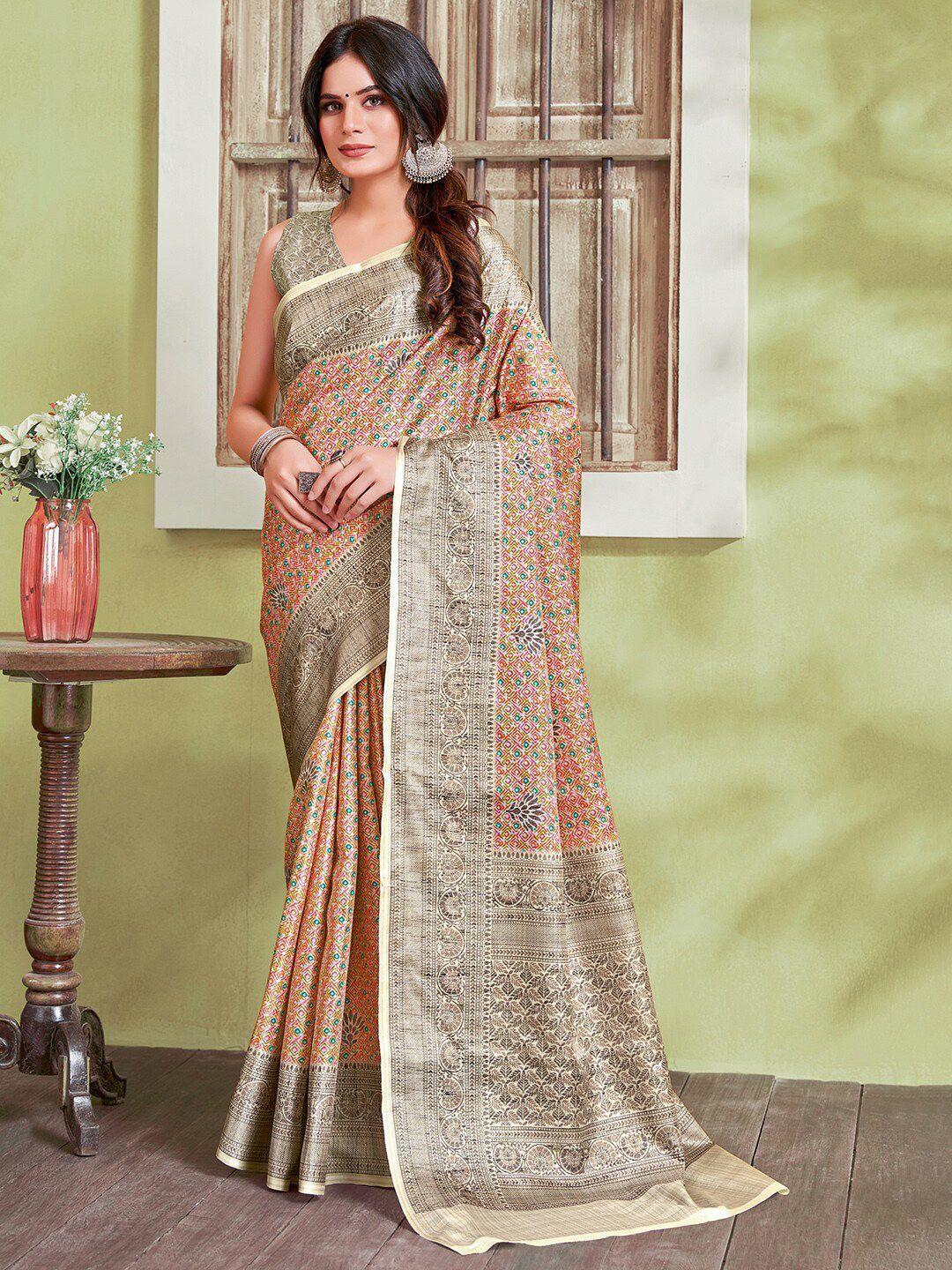 saree mall beige & black ethnic motifs printed silk cotton saree