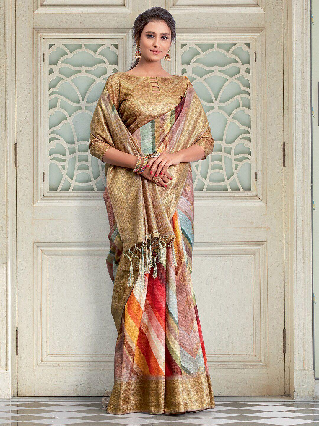 saree mall beige & orange zari block print sarees