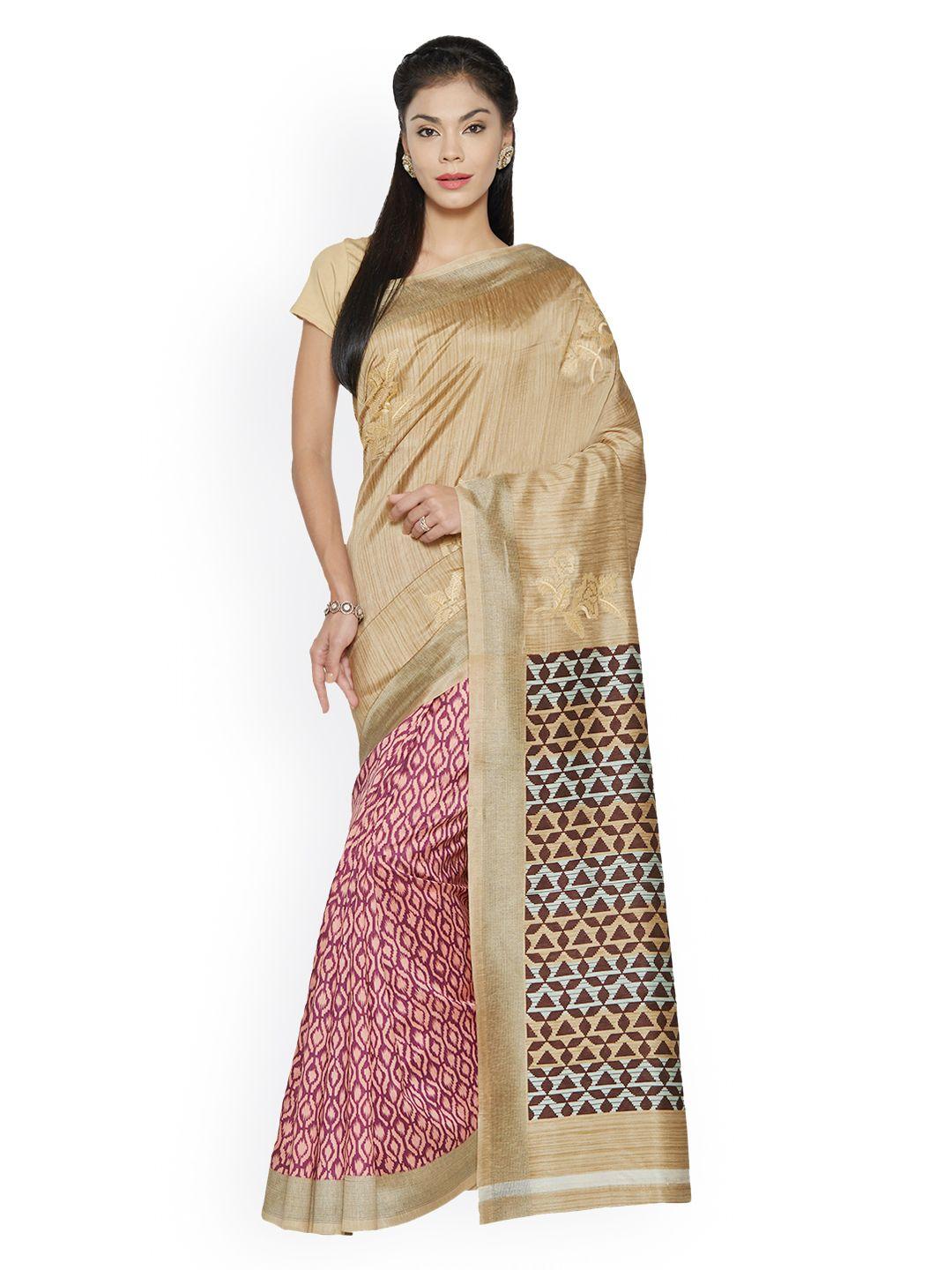 saree mall beige & pink silk cotton printed bhagalpuri saree