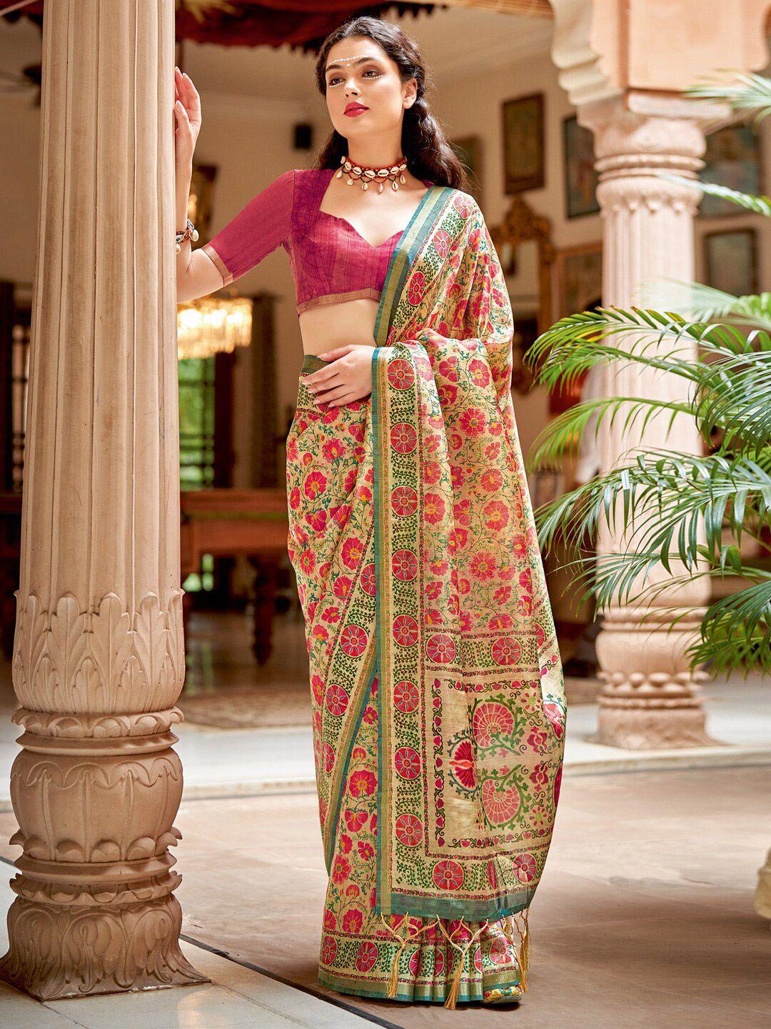 saree mall beige & red floral printed zari pure silk sarees