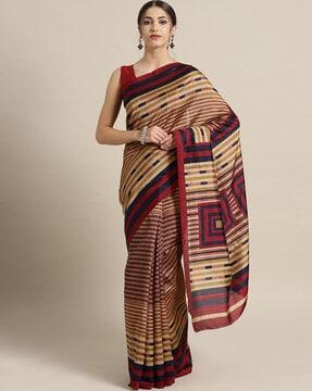 saree mall beige casual art silk striped saree with unstitched blouse