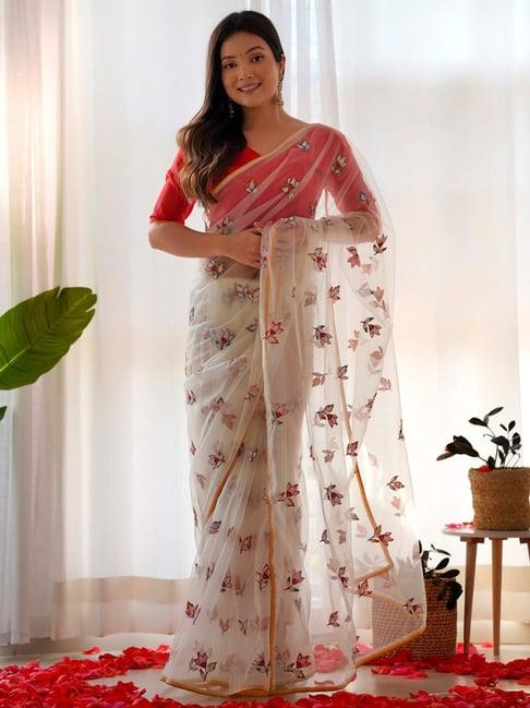 saree mall beige embellished saree with unstitched blouse