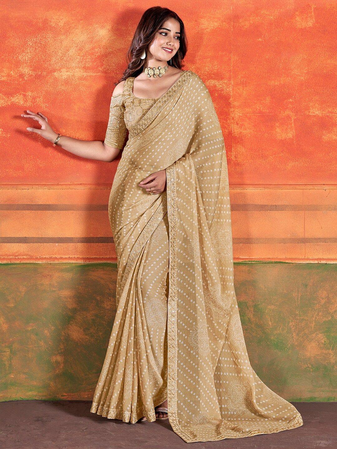 saree mall beige printed embroidered pure chiffon bandhani sarees