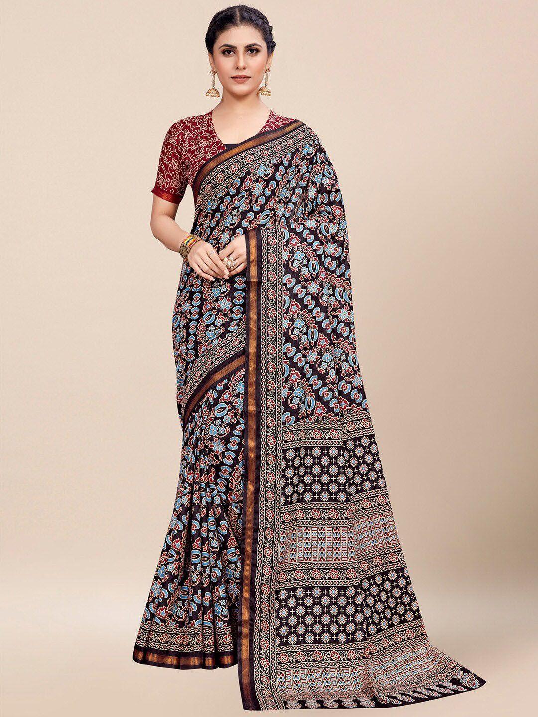 saree mall black & blue ethnic motifs zari pure cotton bagh sarees